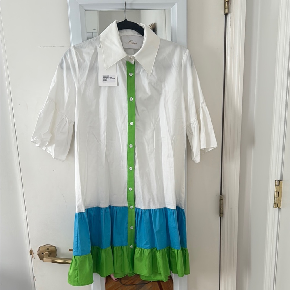 White and Green Ruffled Mini Dress with Puff Sleeves